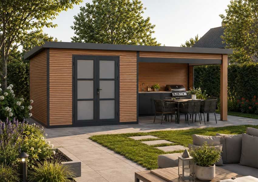 WPC Gartenhaus mit Lounge Modell FineLine 16,90 m² Teak