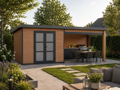 WPC Gartenhaus mit Lounge Modell FineLine 16,90 m² Teak