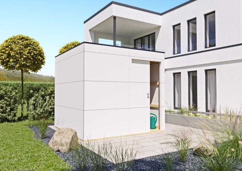Premium HPL Design Gartenhaus Größe 1 weiß