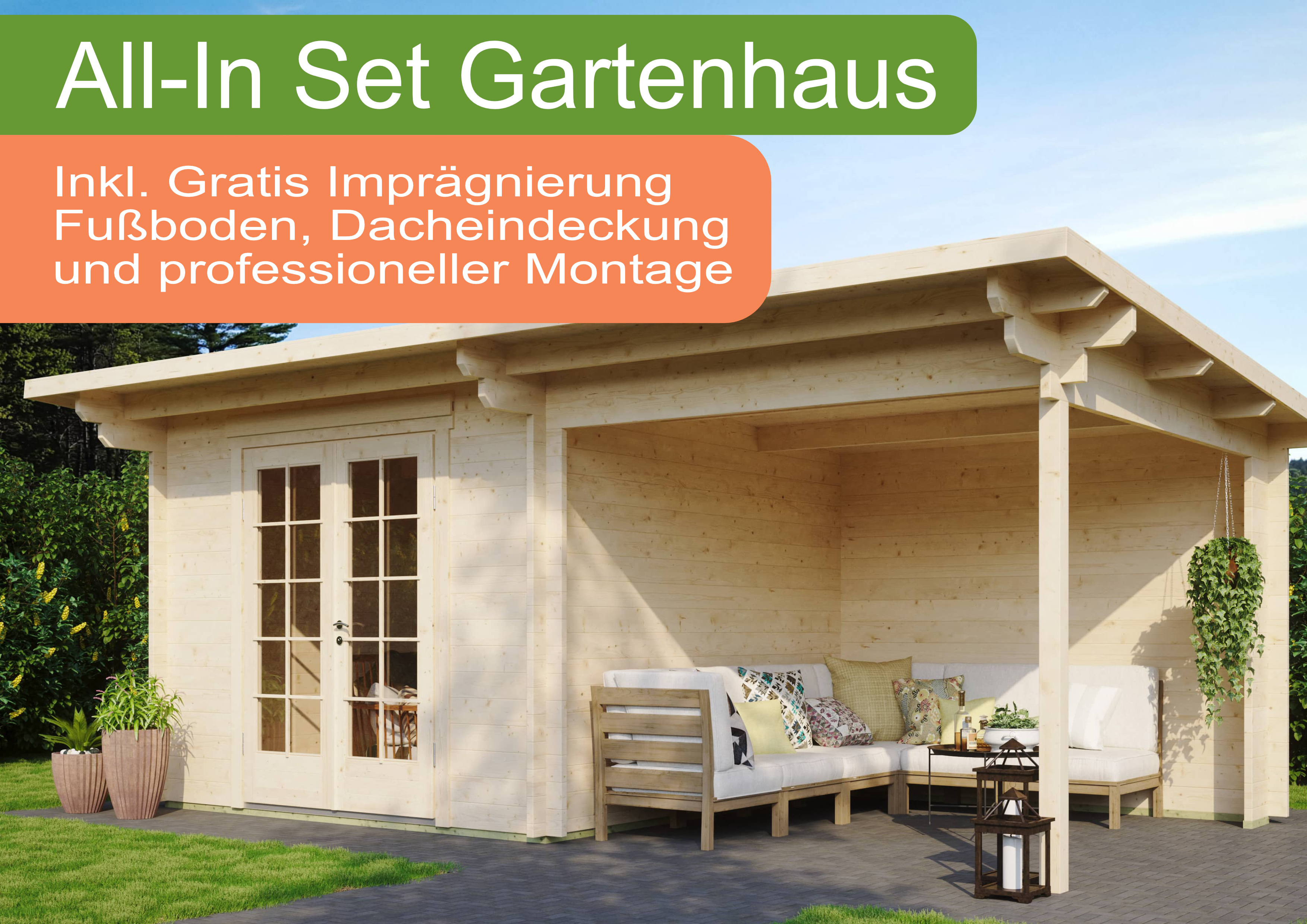 All-In Gartenhaus mit Terrasse inkl. Montage (wahl 6x4m | Rabatt: 26 %