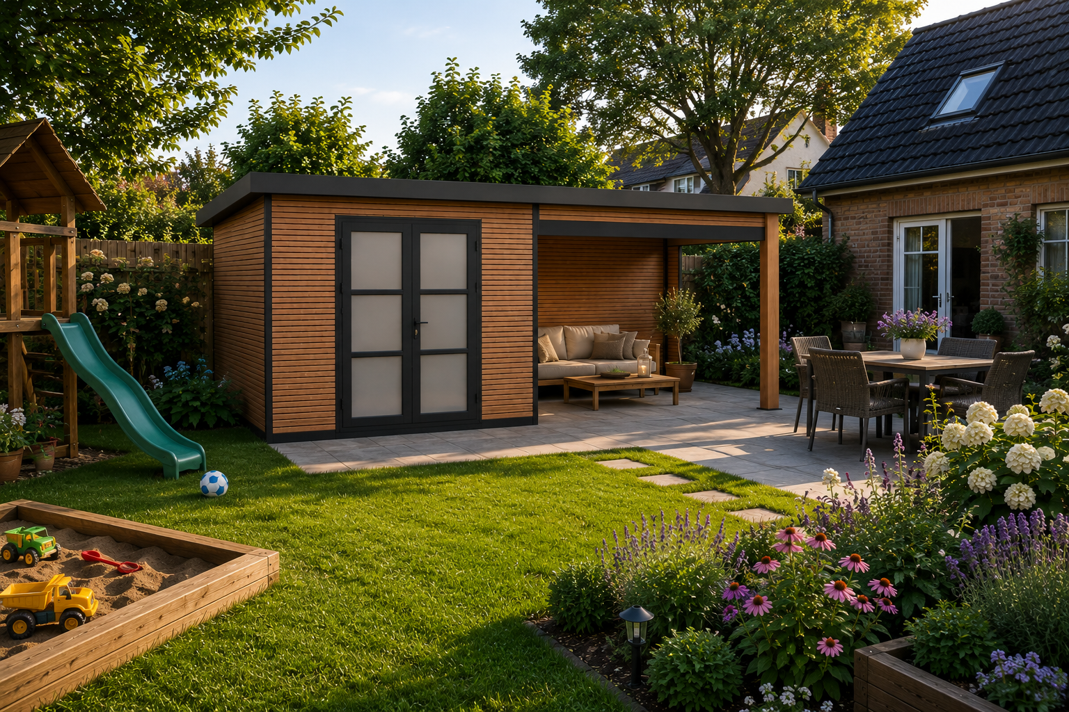 WPC Gartenhaus mit Lounge Modell FineLine 16,90 m²