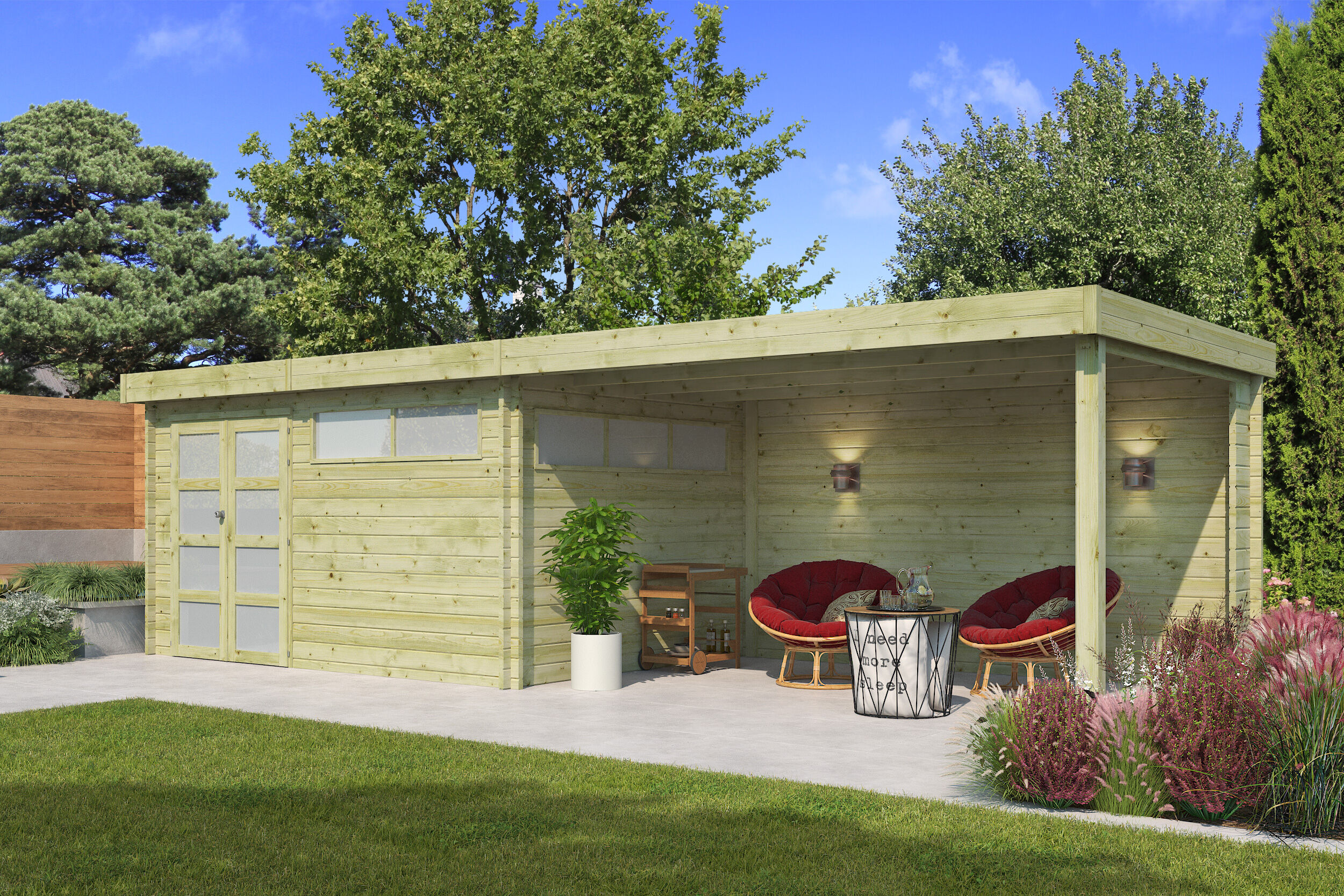 Flachdach Gartenhaus Modell Nelo 44 B mit 400 cm A| Rabatt: 26%|8x4m