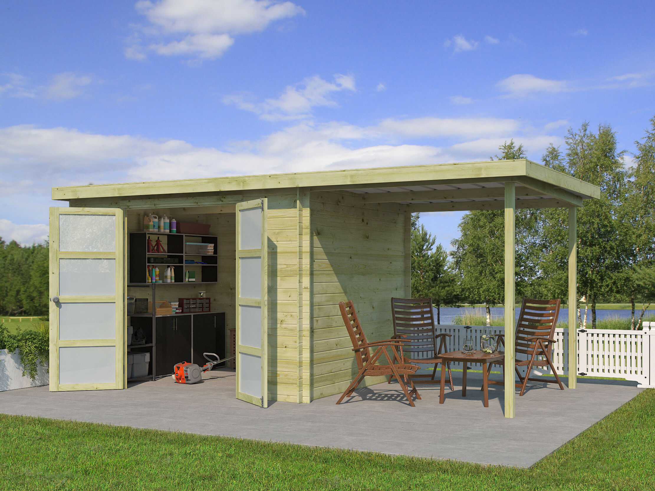 Gerätehaus Modell Umea 7,38 m² + 200 cm Anbau Rabatt: 26 %