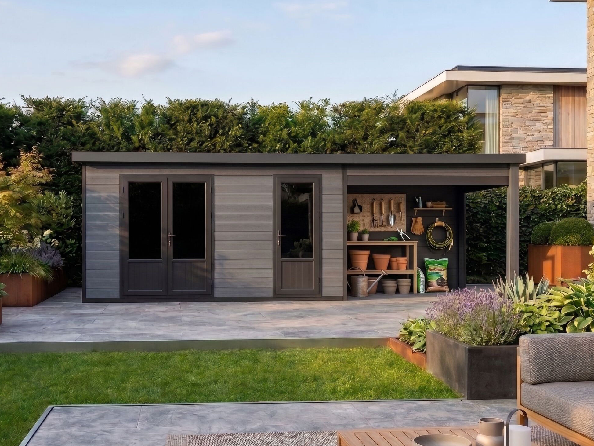 28 % billiger: WPC Gartenhütte Modell Style DeLuxe 2-Raum mit Loun 6x3m