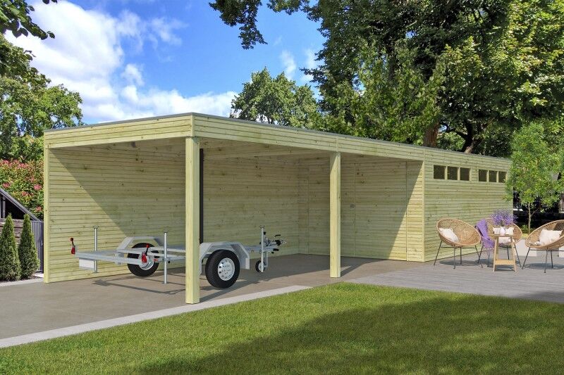 Fjordholz Holzgarage Modell QB-Line 15,30 m² + 600 cm Anbau