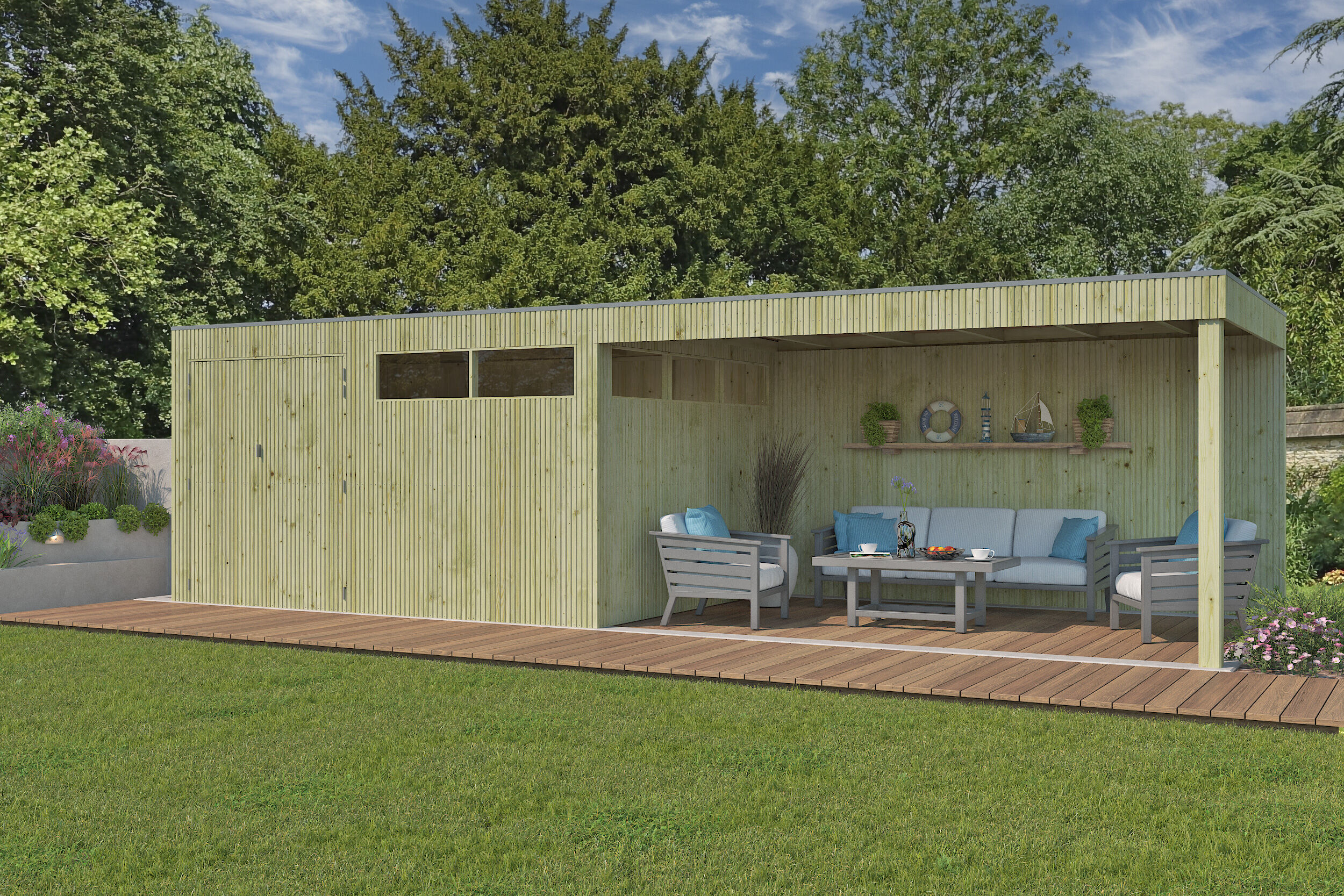 Holzgartenhaus Modell QBV3-Line 11,89 m² + 400 cm Anba | 6x2m