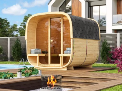 Fass-Sauna Modell 250 mit Ganzglasfront Fass-Sauna Modell 250 mit Ganzglasfront