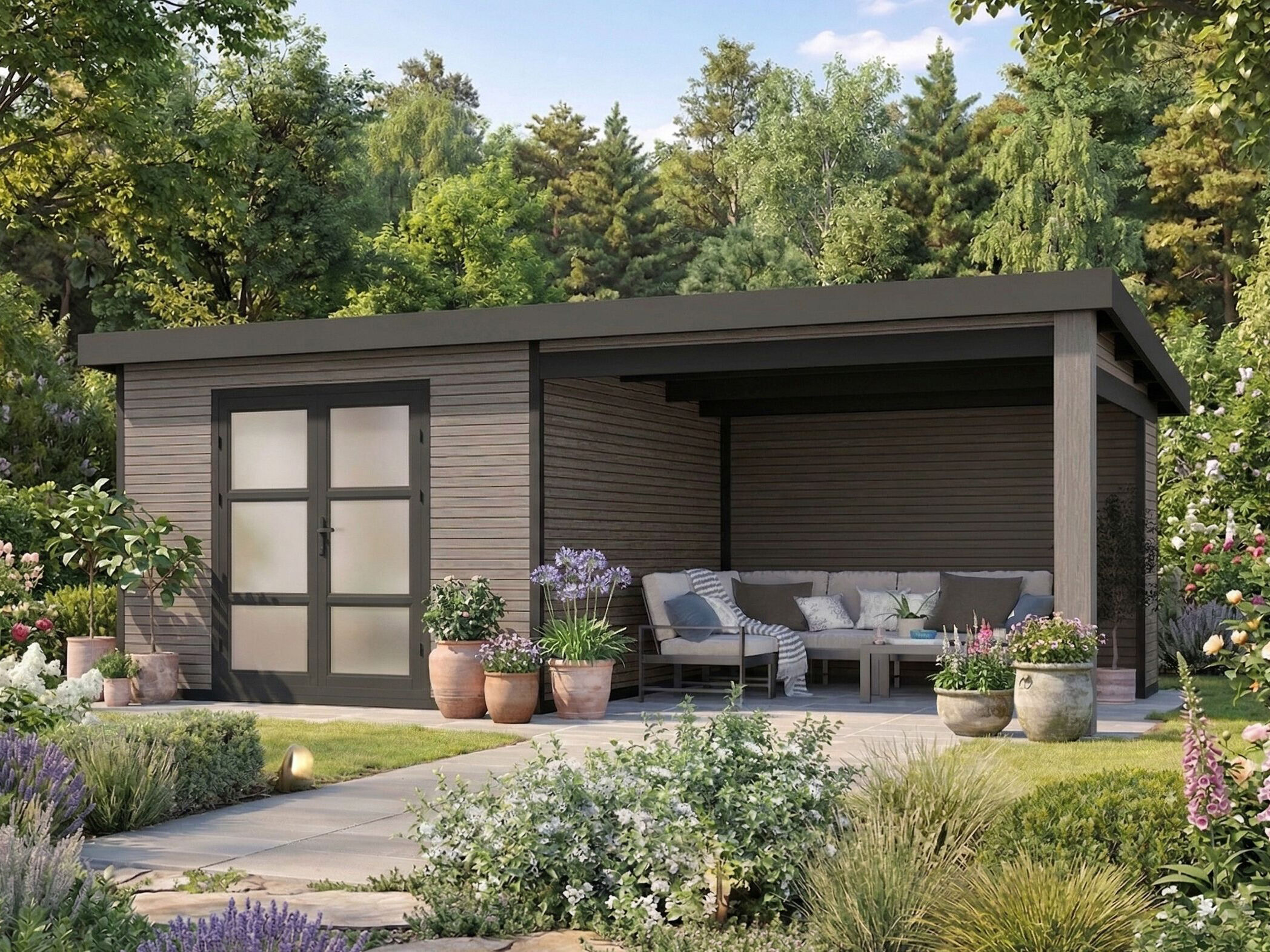 26% Rabatt ! WPC Gartenhütte mit Lounge Modell FineLine 16,90 m² 5x3m