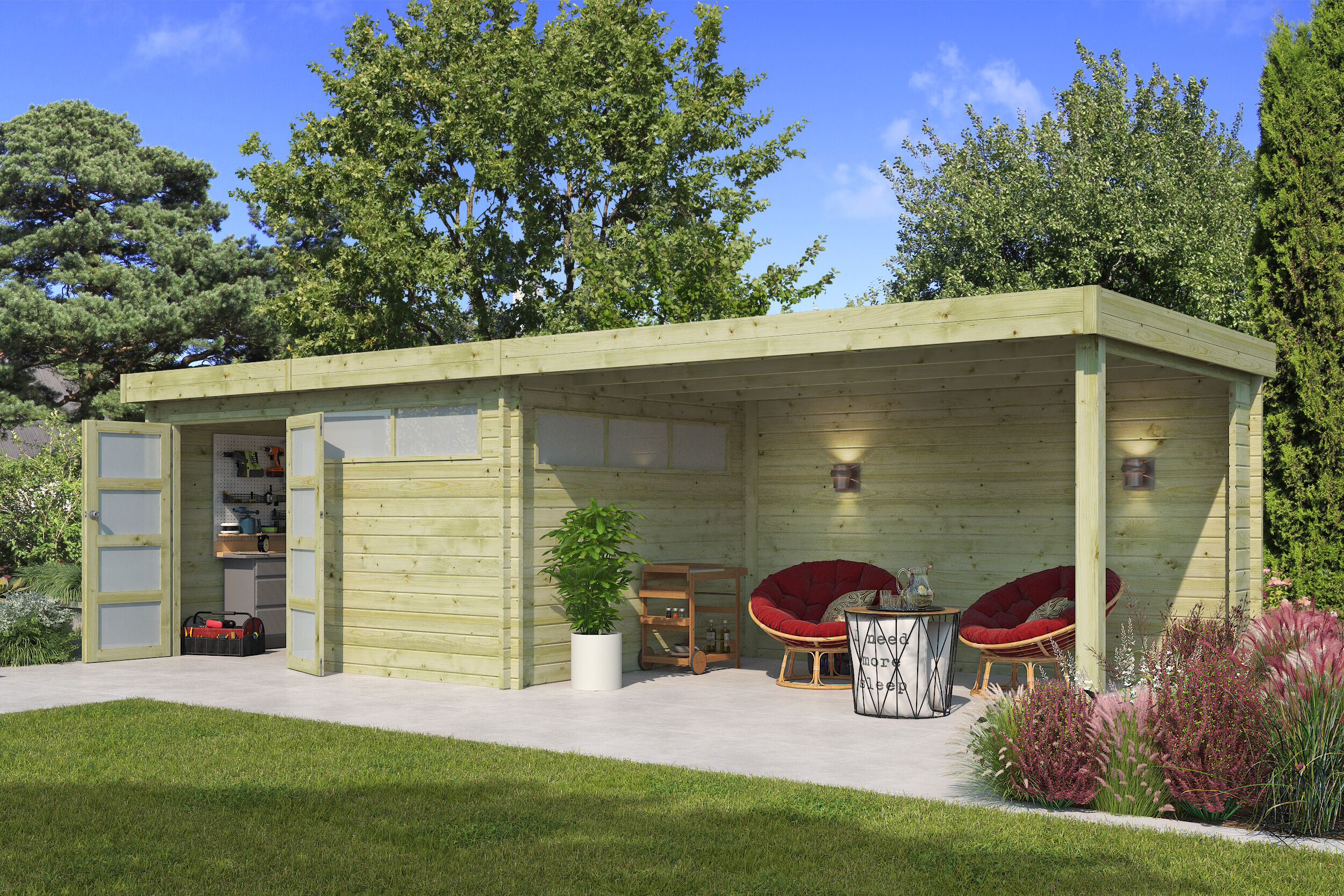 Flachdach Gartenhaus Modell Nelo 44 B mit 400 cm A Rabatt: 26 %