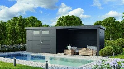 Wolff Finnhaus Metallgerätehaus Eleganto 3330 mit Lounge 3330 rechts