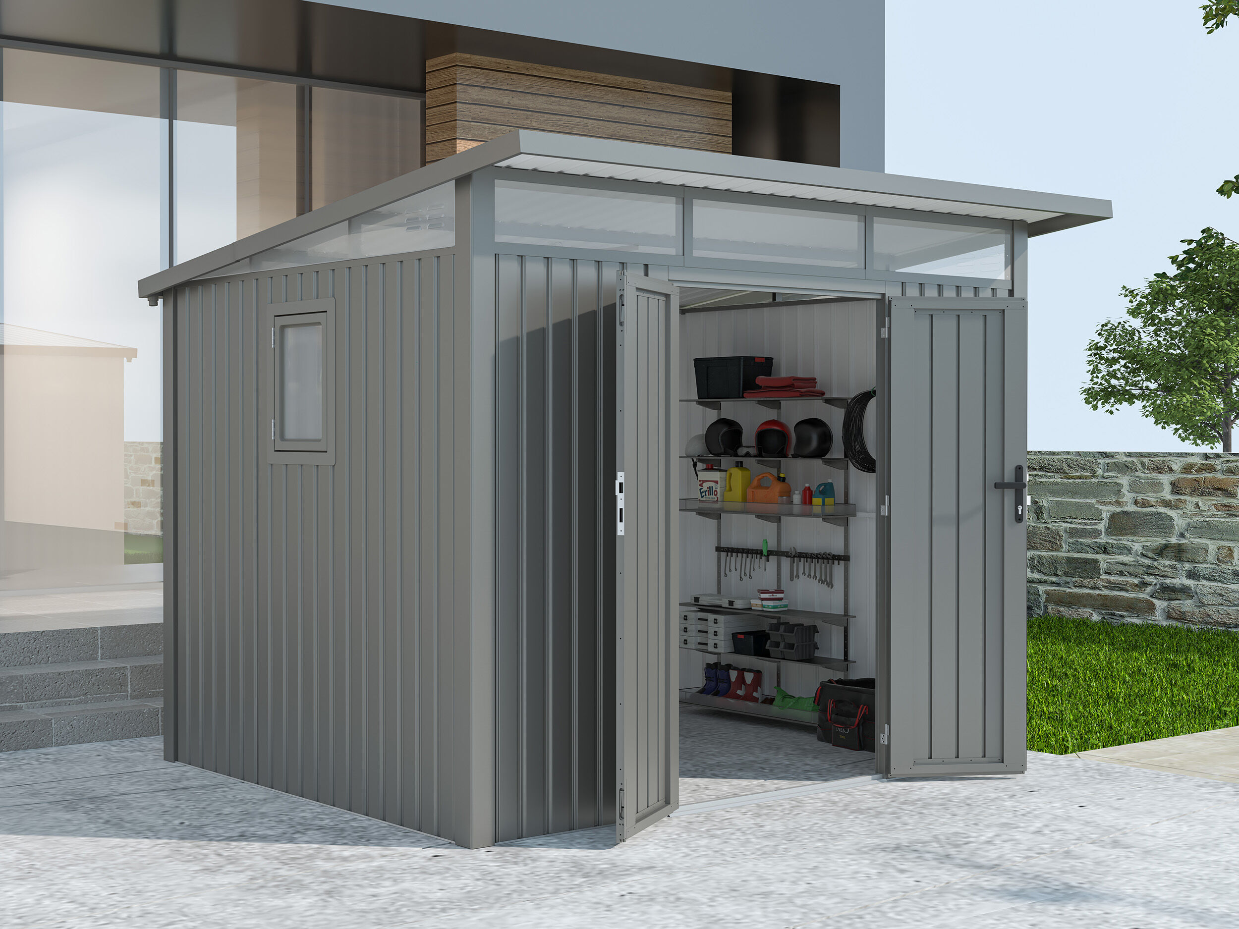 21% Discount! Metall Gerätehaus Modell Skylight 5,80 m² Alu Grau