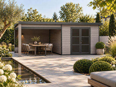 WPC Gartenhaus mit Lounge Modell FineLine 16,90 m² Grau