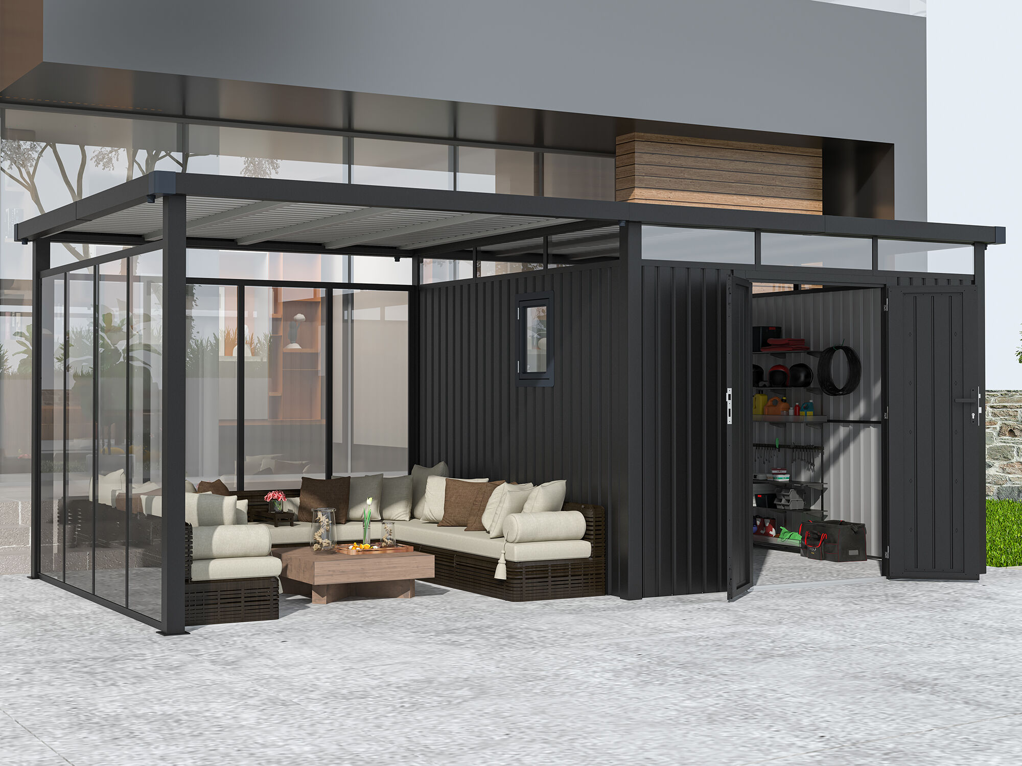 36% Rabatt ! Metall Gerätehaus Modell Style 7,56 m² Spar-Set-5 4x3m