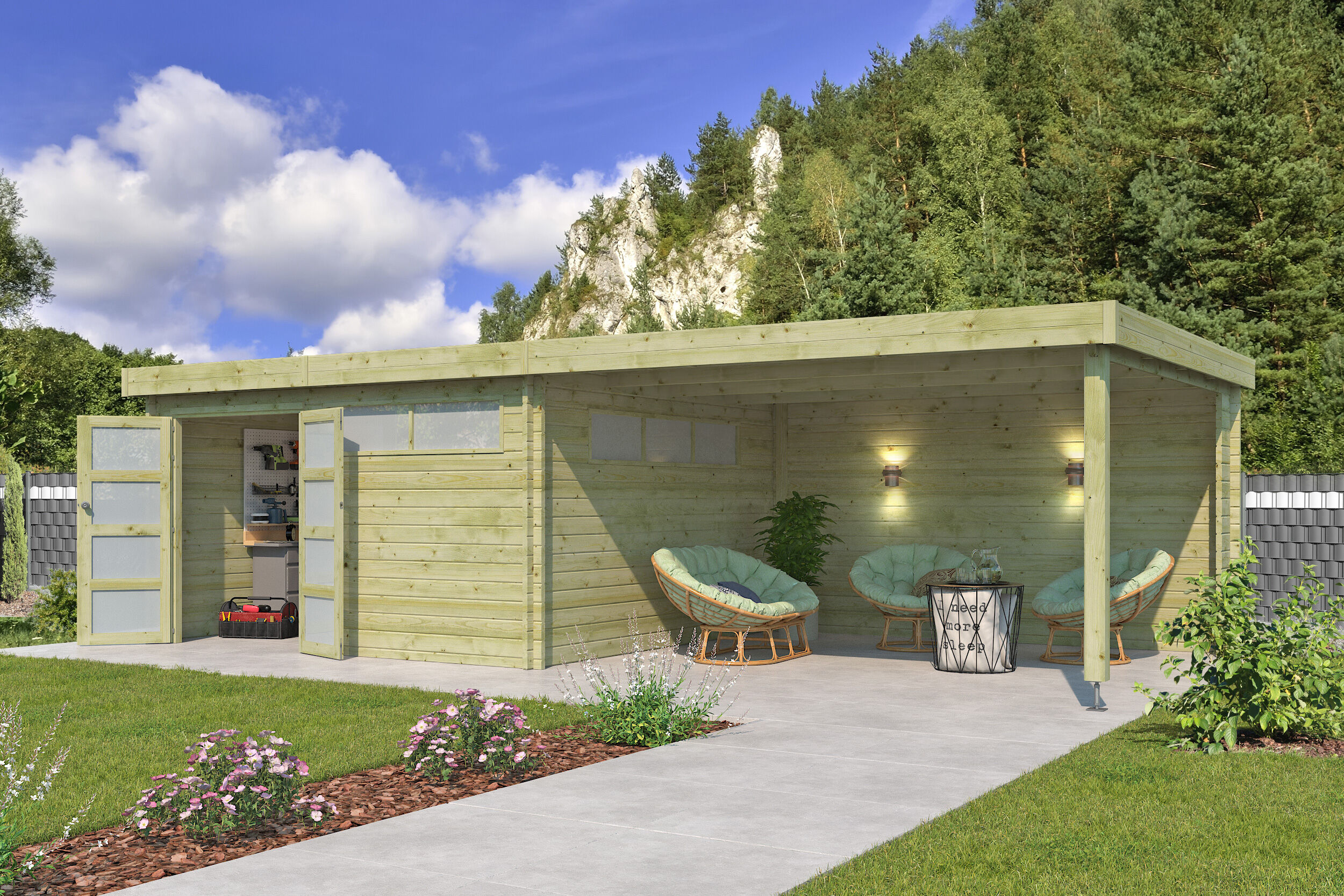 Flachdach Gartenhaus Modell Nelo 44 C mit 400 cm A Rabatt: 26 %