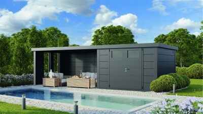 Wolff Finnhaus Metallgerätehaus Eleganto 3030 mit Lounge 4530 links und 2 Fenstern