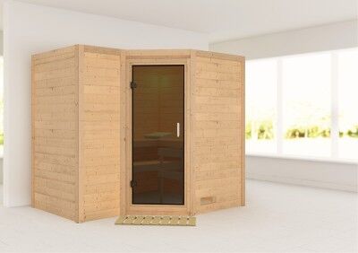 Massivholzsauna Modell Sahib 2 E mit graphitfarbener Tür naturbelassen