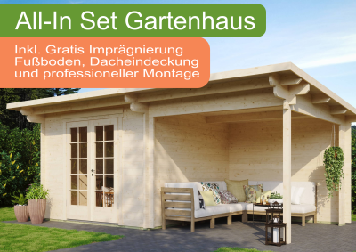 All-In Gartenhaus mit Terrasse inkl. Montage (wahlweise)