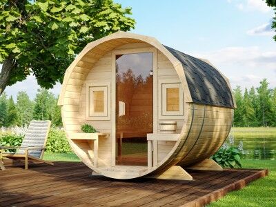 Fjordholz Fass-Sauna Modell Lauri, Natur, ohne Ofen, Glastür, Vormontiert, B- Ware