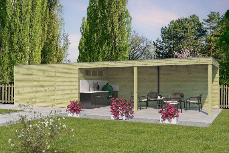 Gartenhaus Modell QB-Line 12,60 m² + 600 cm Anbau
