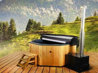 Fjordholz Hot Tub Octagonal Ivar, Grau, 35kW Edelstahlofen und umfangreichem Zubehör