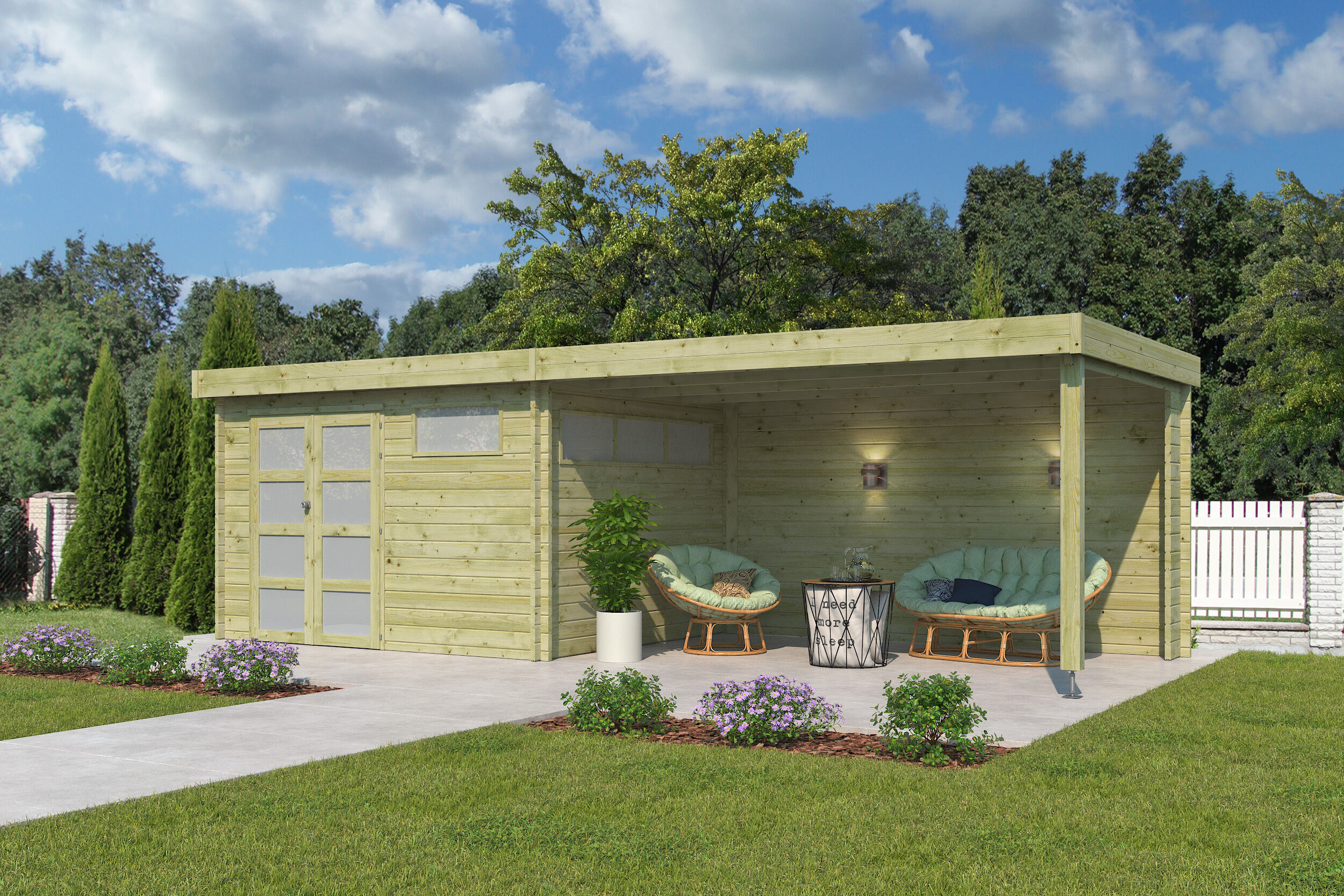 Flachdach Gartenhaus Modell Nelo 44 A + 400 cm Anb| Rabatt: 26%|8x4m