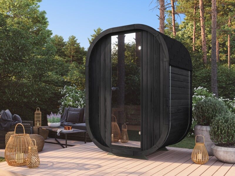 Fjordholz Fass-Sauna Modell Luxe Micro Black Edition