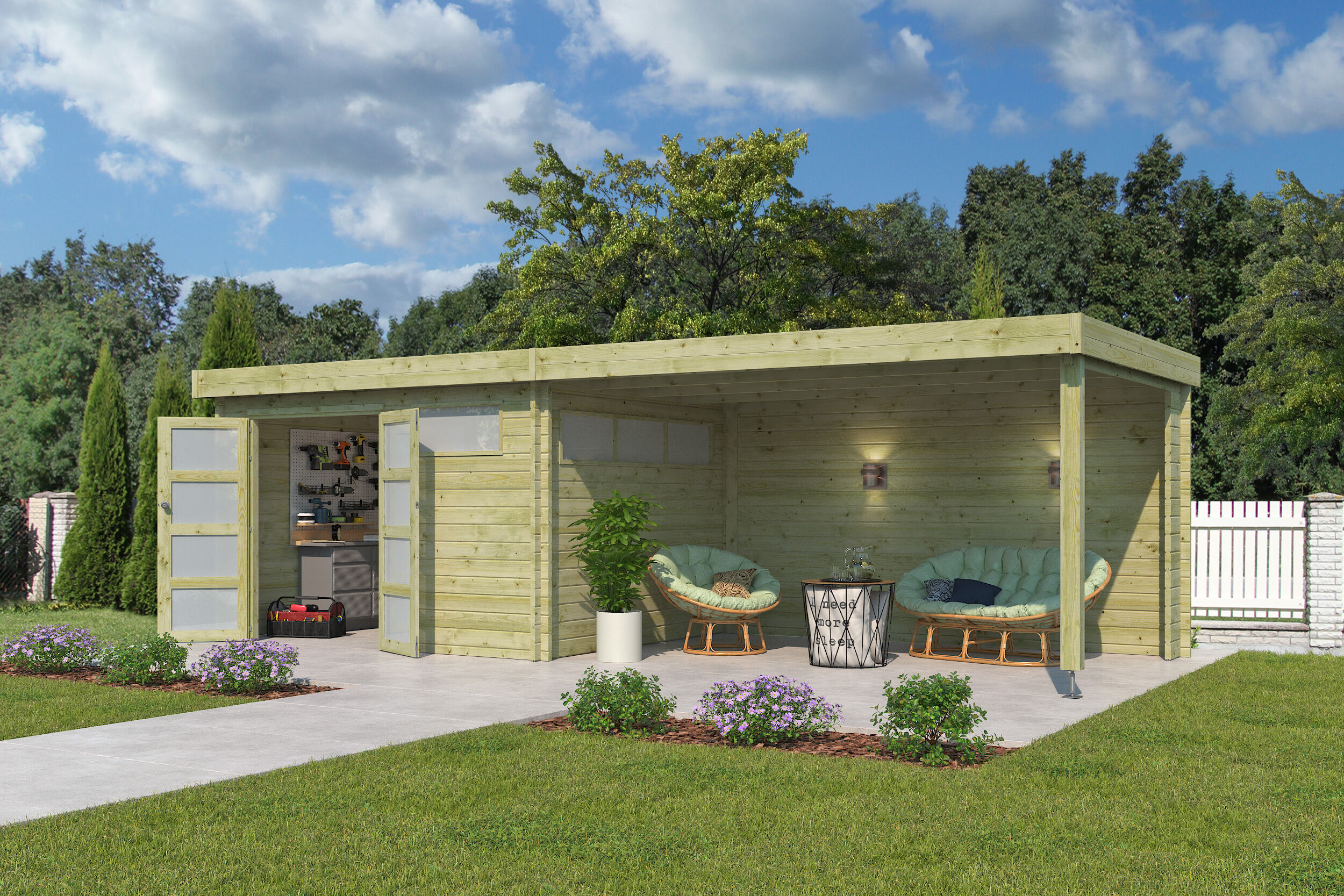 Flachdach Gartenhaus Modell Nelo 44 A + 400 cm Anb Rabatt: 26 %