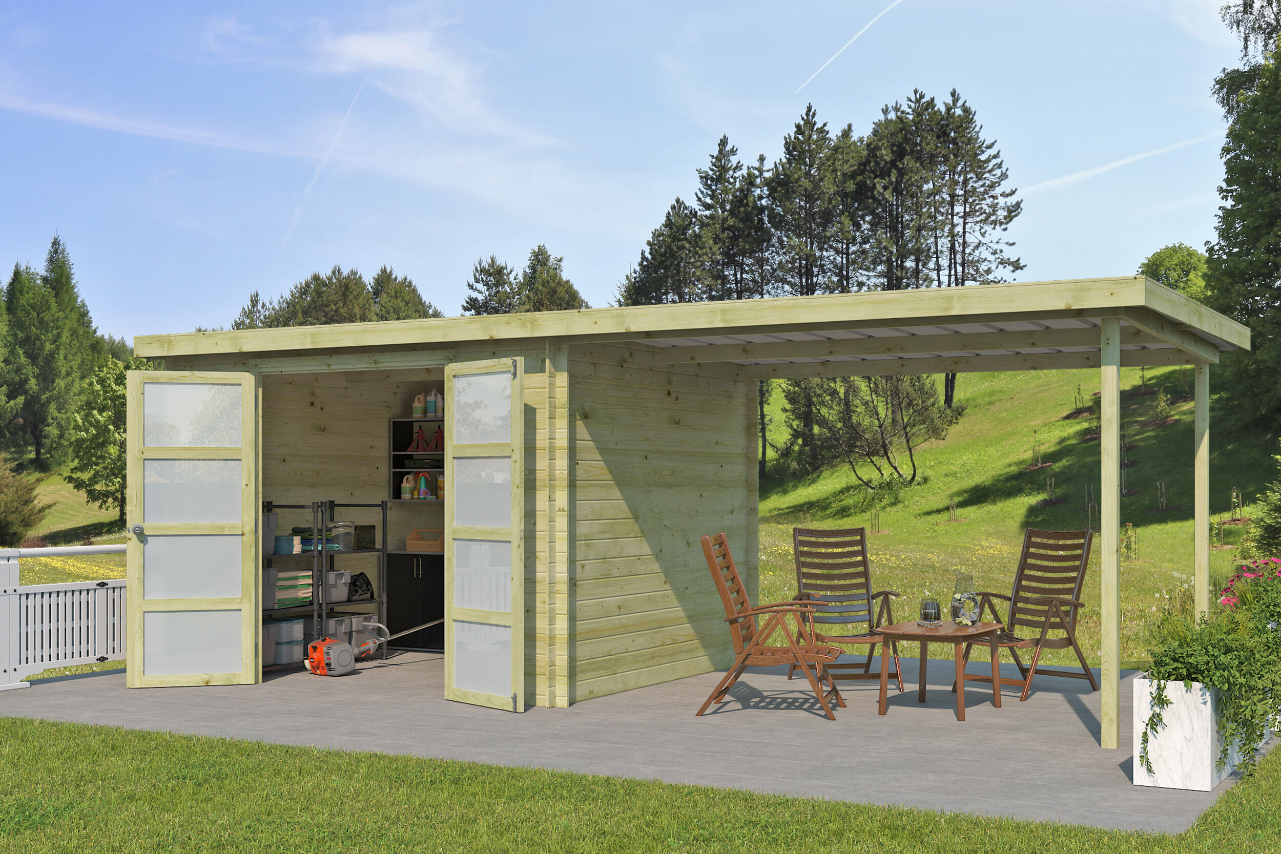 Gerätehaus Modell Umea 7,38 m² + 300 cm Anbau Rabatt: 26 %