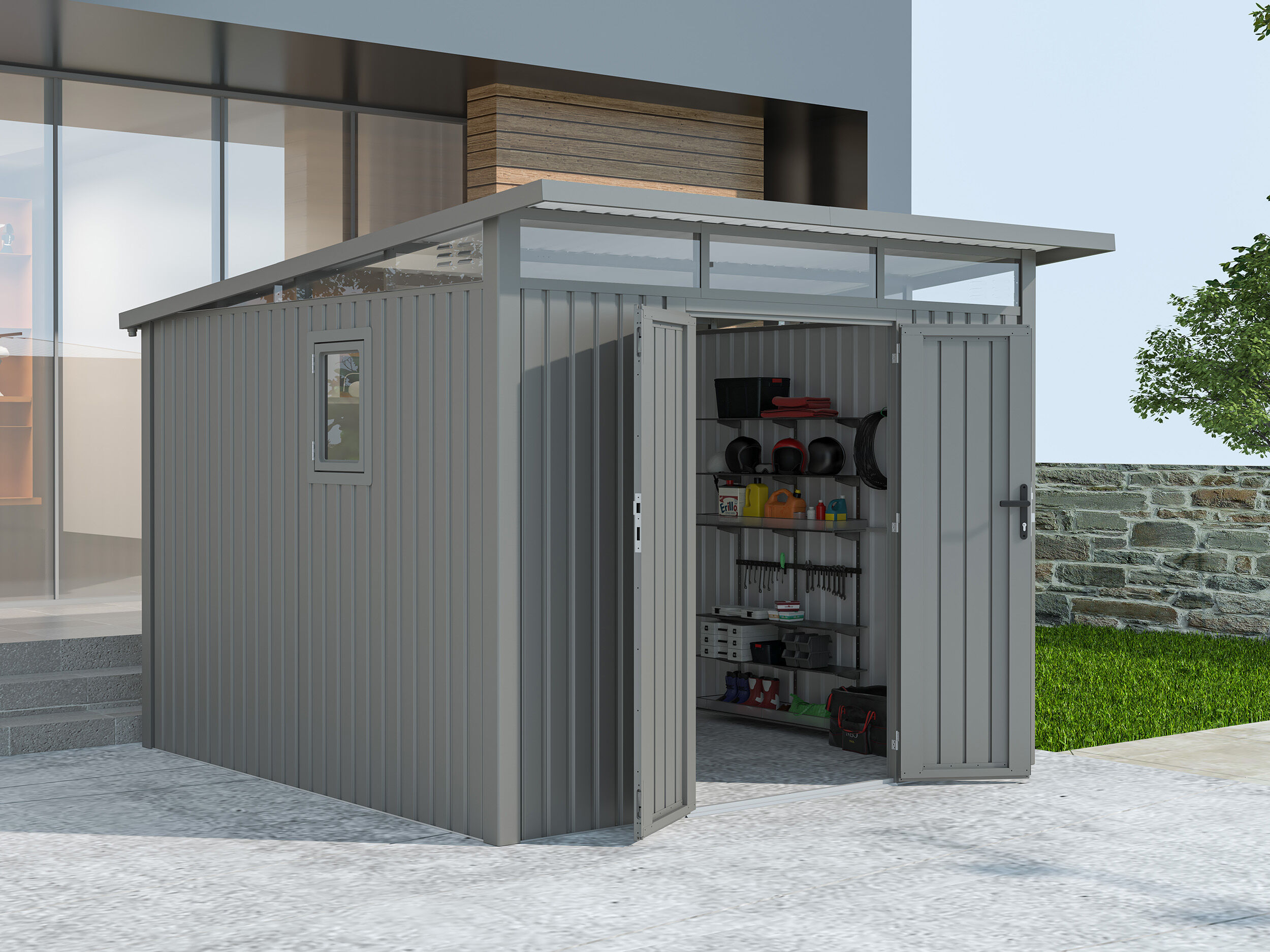 38% reduziert - Metall Gerätehaus Modell Skylight 7,56 m² Alu Grau 38% reduziert - Metall Gerätehaus Modell Skylight 7,56 m² Alu Grau