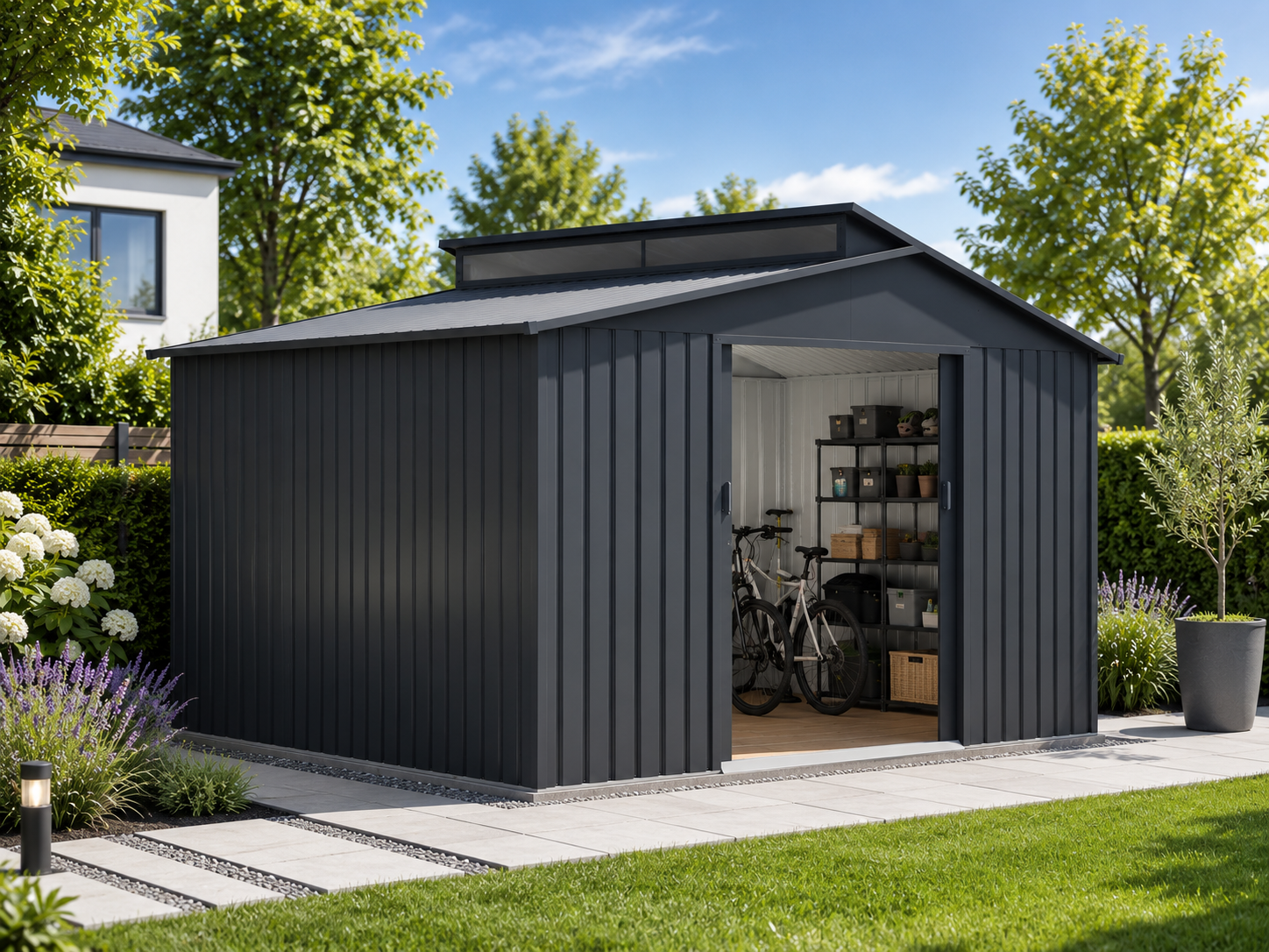 24% Rabatt ✓ 6 × 2 m | Metall Gerätehaus Viva 13,36 m² | Schiebetür | Pultdach | modern