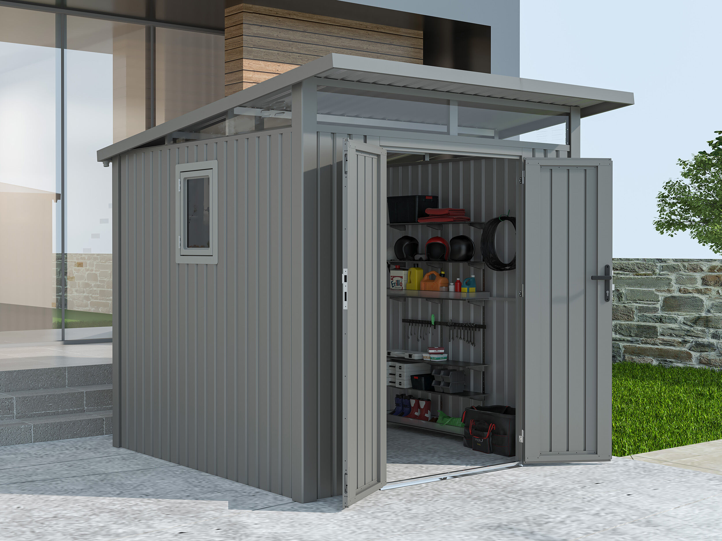 31% Discount! Metall Gerätehaus Modell Skylight 4,45 m² Alu Grau