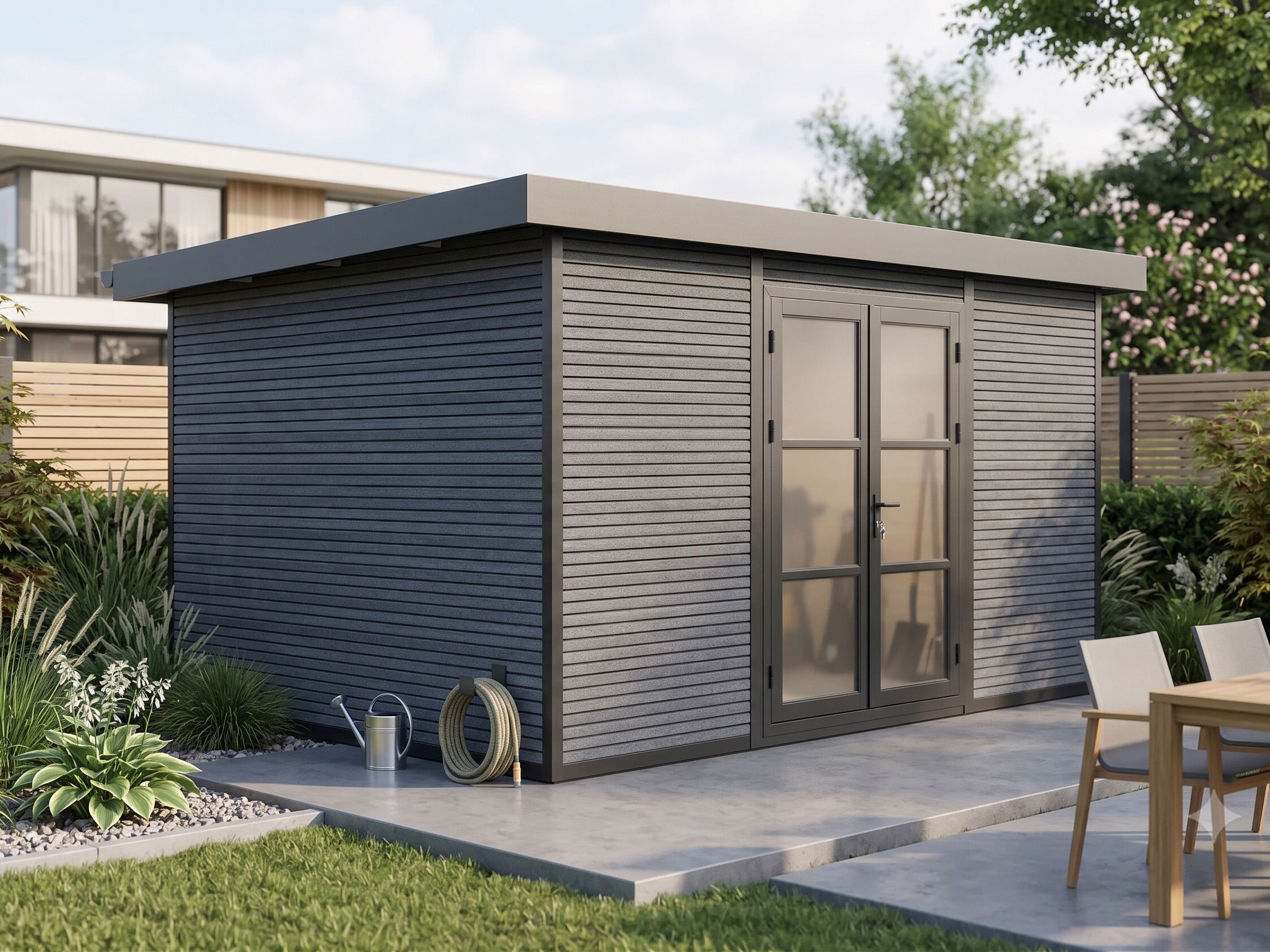 19% Rabatt ✓ WPC Gartenhütte FineLine 12,0 m² Grau | modern 19% Rabatt ✓ WPC Gartenhütte FineLine 12,0 m² Grau | modern
