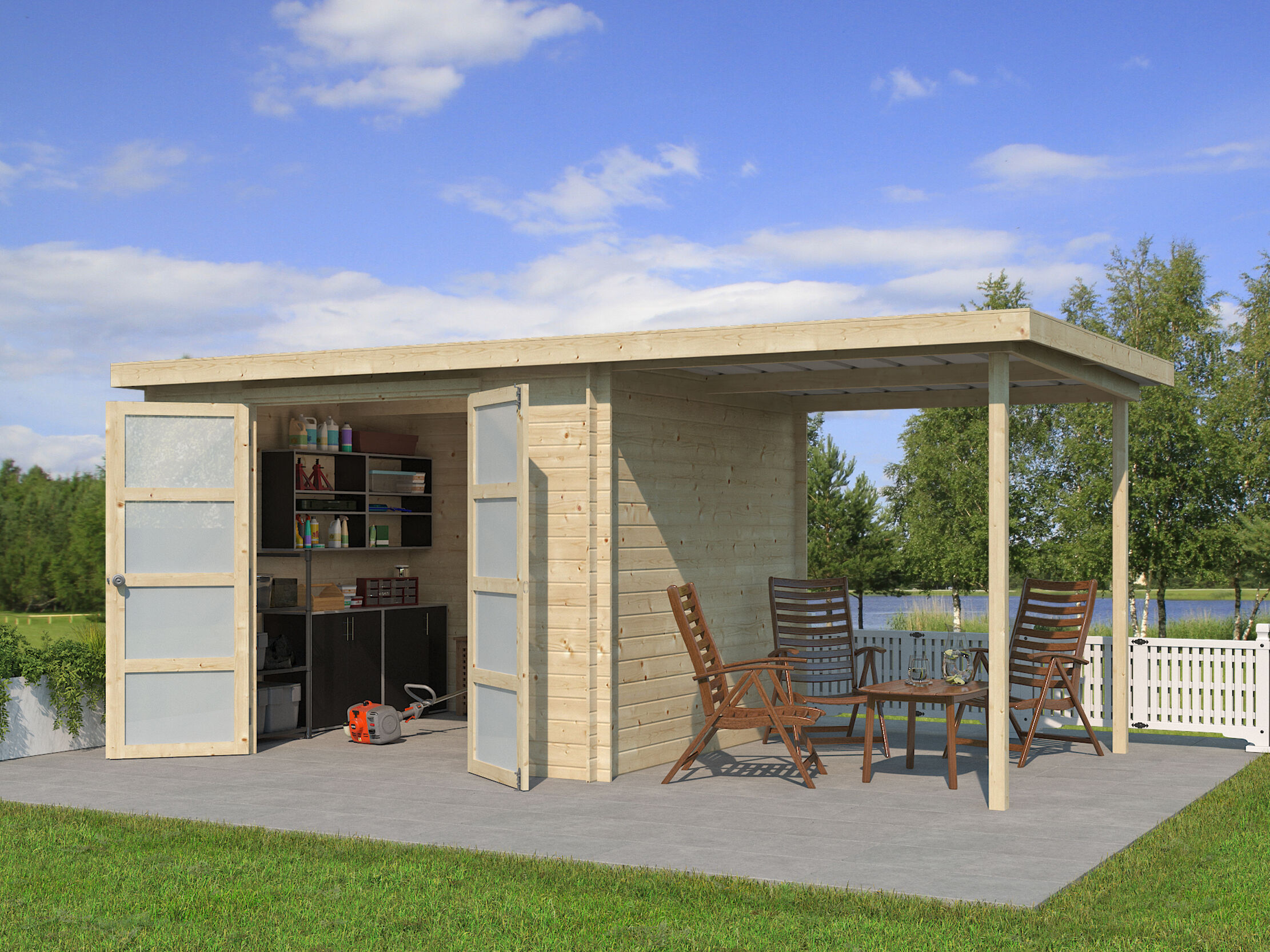 Gerätehaus Modell Umea 7,38 m² + 200 cm Anbau Rabatt: 26 %